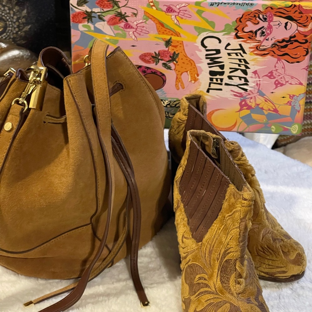Jeffrey Campbell boot and Suede Zara Bucket Cinch Bag. EUC